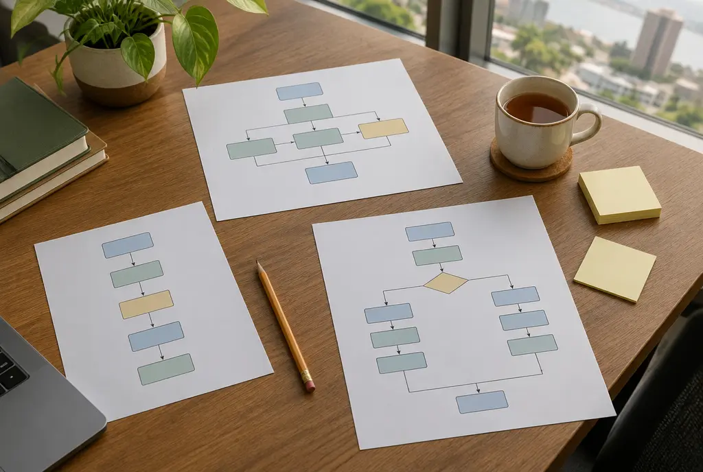 Process flow diagrams and sticky notes on a desk in a Lagos office