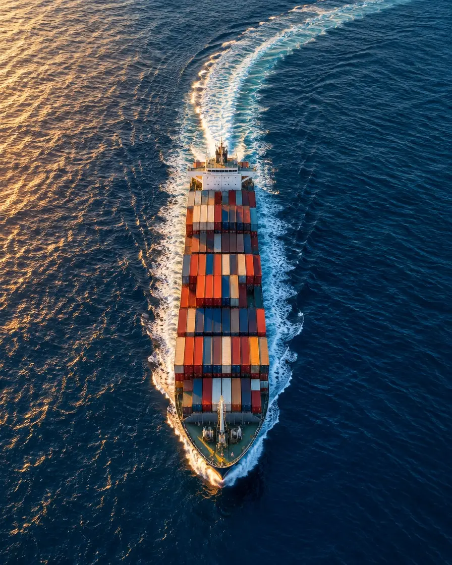 Aerial view of a ship changing course across open water, representing business transformation and a deliberate shift in direction.