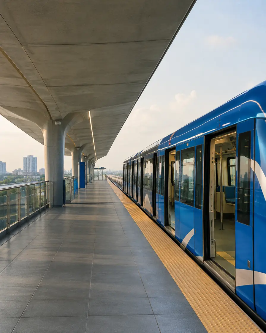 An empty light-rail platform in Lagos with a blue train waiting