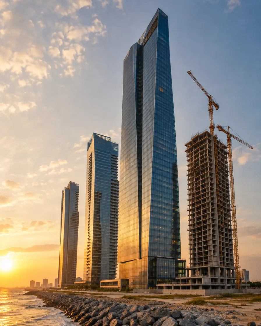 New towers rising at Eko Atlantic, Lagos, with cranes beside a building under construction