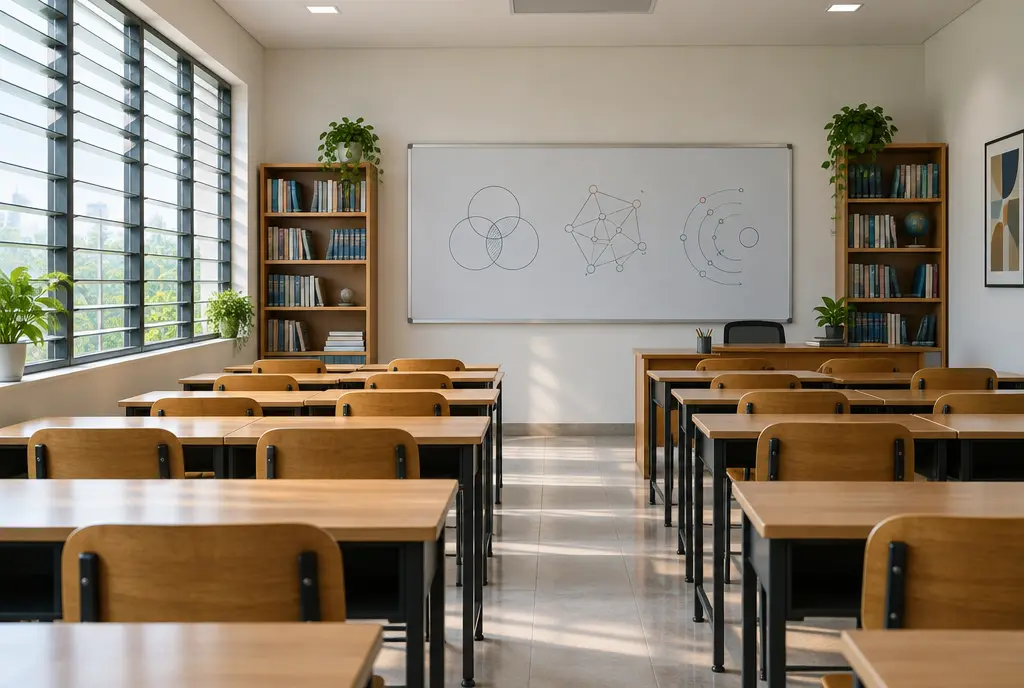 An empty classroom with timber desks and a whiteboard