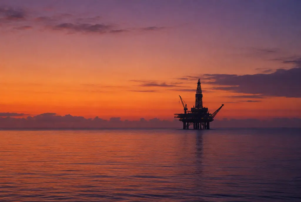 An offshore platform on a calm sea at dusk