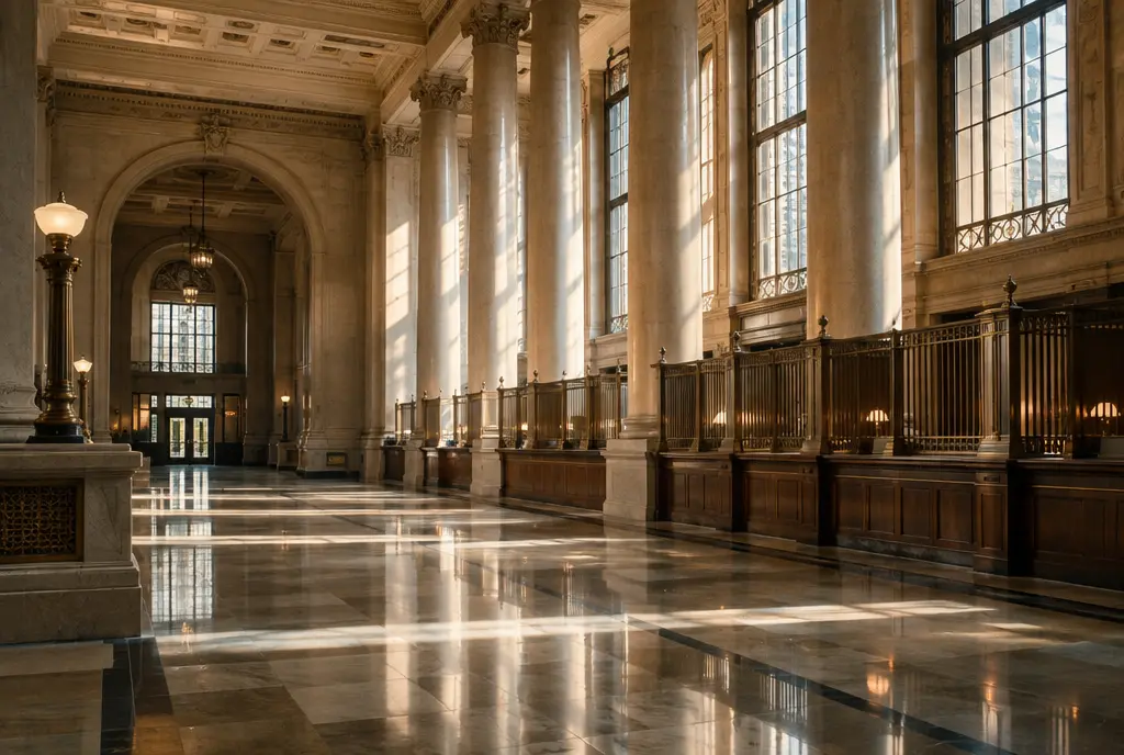 An empty banking hall with stone floors and tall columns