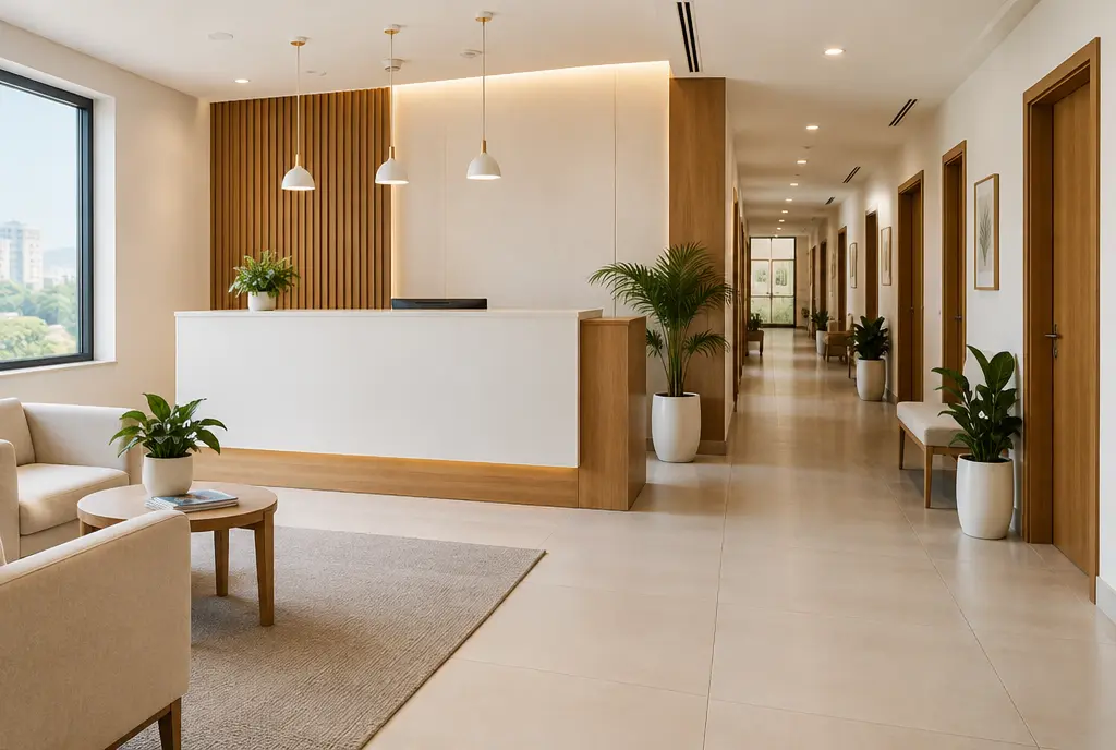 The calm reception and corridor of a modern private clinic