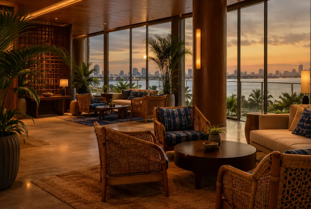 An empty hotel lounge with rattan chairs overlooking a lagoon at sunset