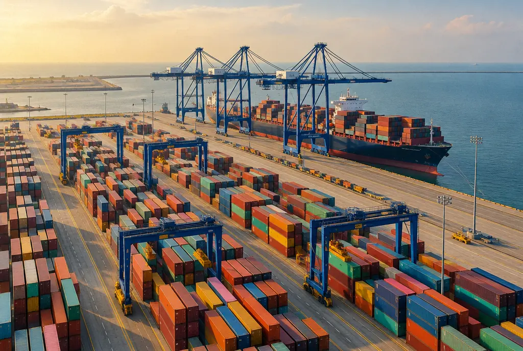 Container stacks and gantry cranes at a Lagos sea port, seen from above