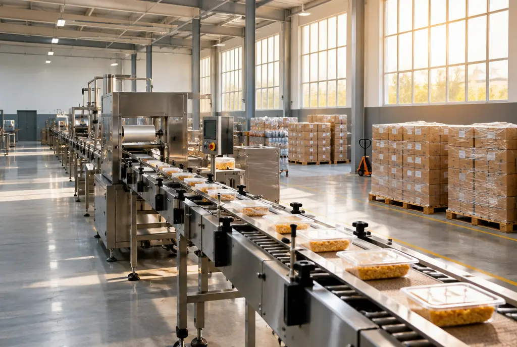 A food-processing line in a bright factory with pallets of packed goods