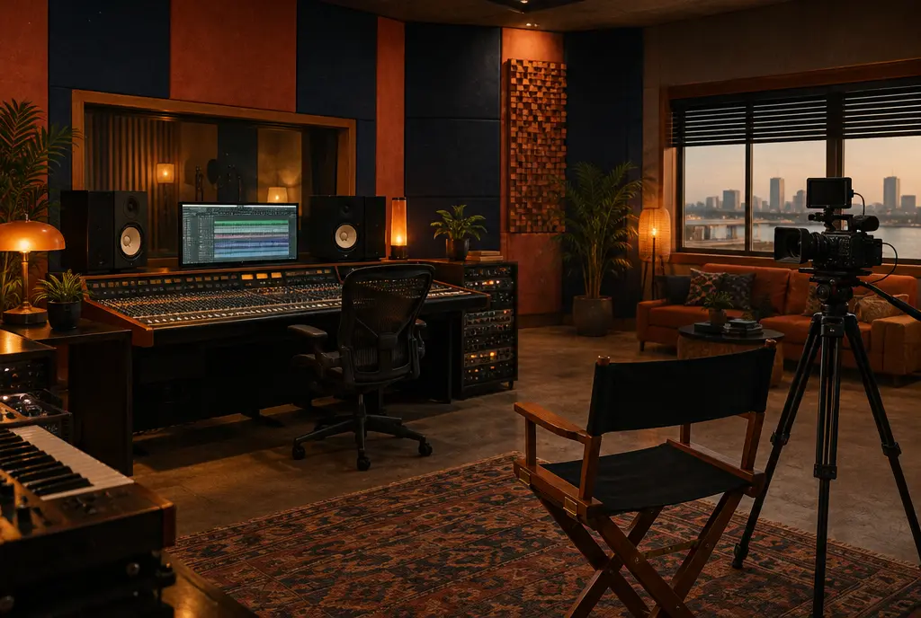 An empty production studio with a mixing desk and a camera on a tripod