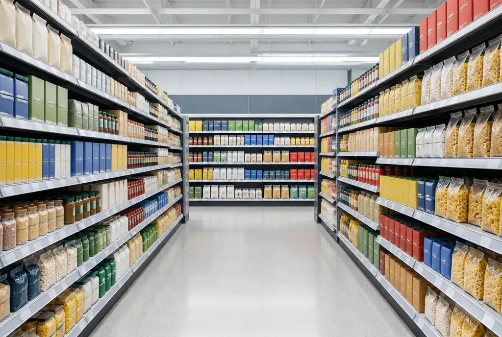 An aisle of neatly stocked supermarket shelves