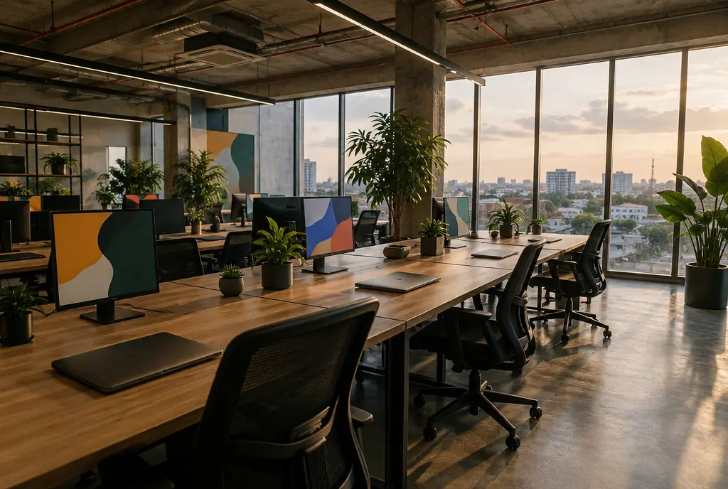 An empty open-plan tech workspace with monitors and plants